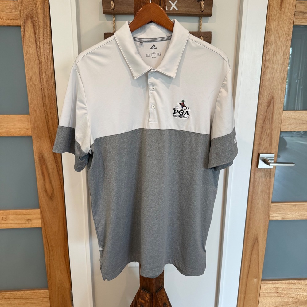 Adidas Mens 2019 PGA Bethpage Black Golf Polo Shirt Sporty Gray White Large EUC